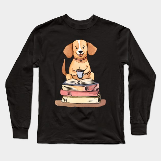 Cute Watercolor Books and Coffee and Dogs Long Sleeve T-Shirt by FarmOfCuties